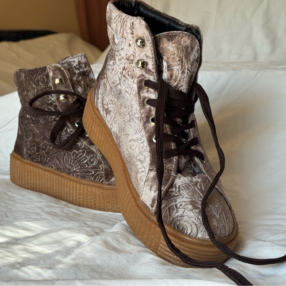 Velvet High-Top Sneakers in Brown and Tan